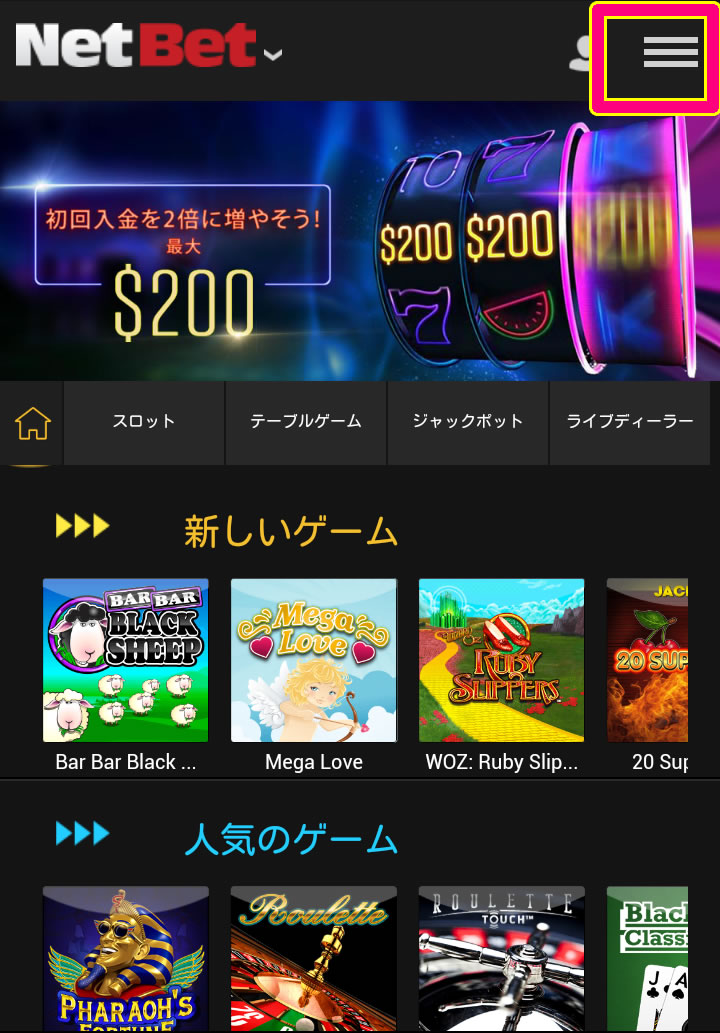 ネットベットカジノのモバイル用の登録ページ