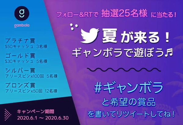 ギャンボラのキャッシュ$50など抽選25名様に当たるTwitterキャンペーン