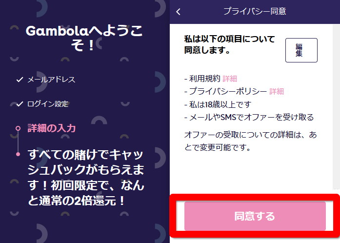 ギャンボラの規約の同意