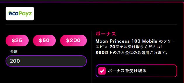 入金ページで指定の金額を入金すると表示のフリースピンをゲット