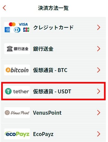 「仮想通貨 – USDT」を選択