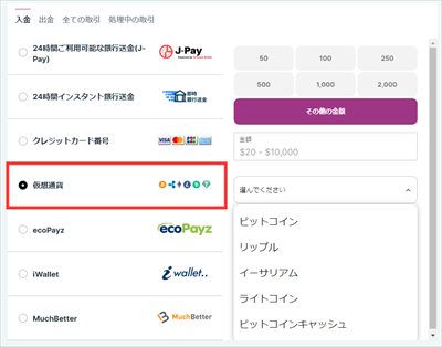 「仮想通貨」を選択し希望入金額を入力