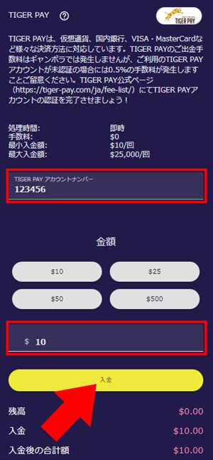 アカウントナンバーと希望の入金額を入力し「入金」